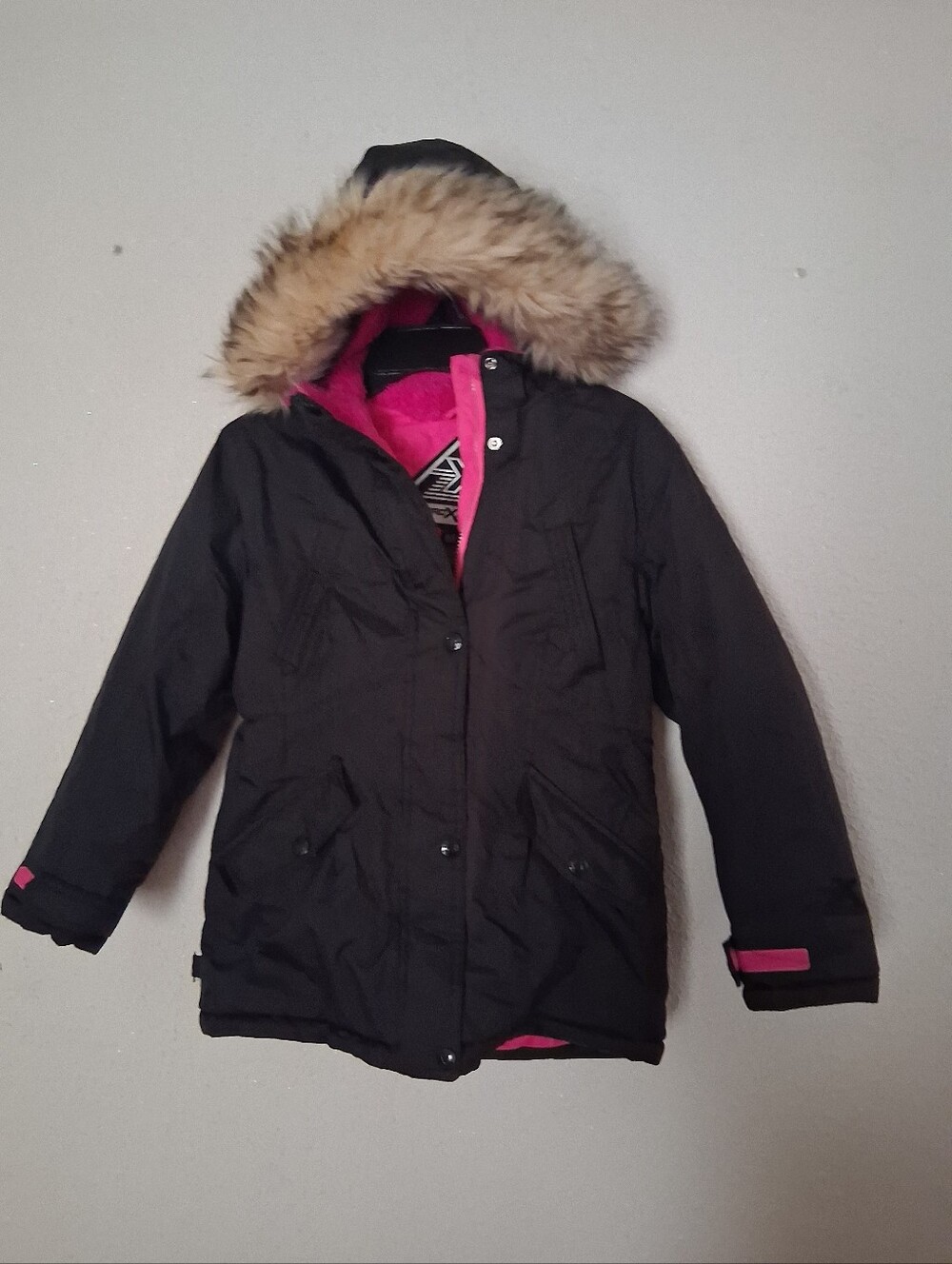 ZeroXposur Black Girls Puffer Coat with Pink Lining and Faux Fur Trim Sz M 10/12
